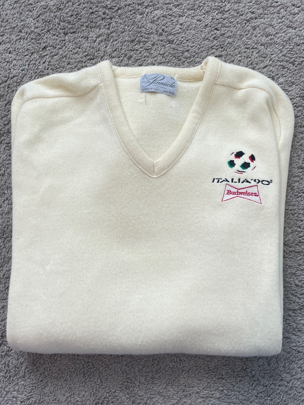 Vintage 1990 Italia World Cup Budweiser Sweater XL Off White V-Neck USA Made